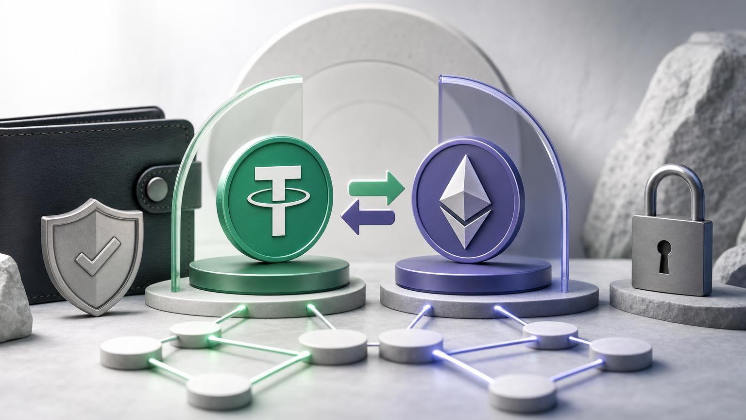 A step-by-step USDT-to-ETH exchange route showing how to verify the input network, destination address, fees, and transaction status