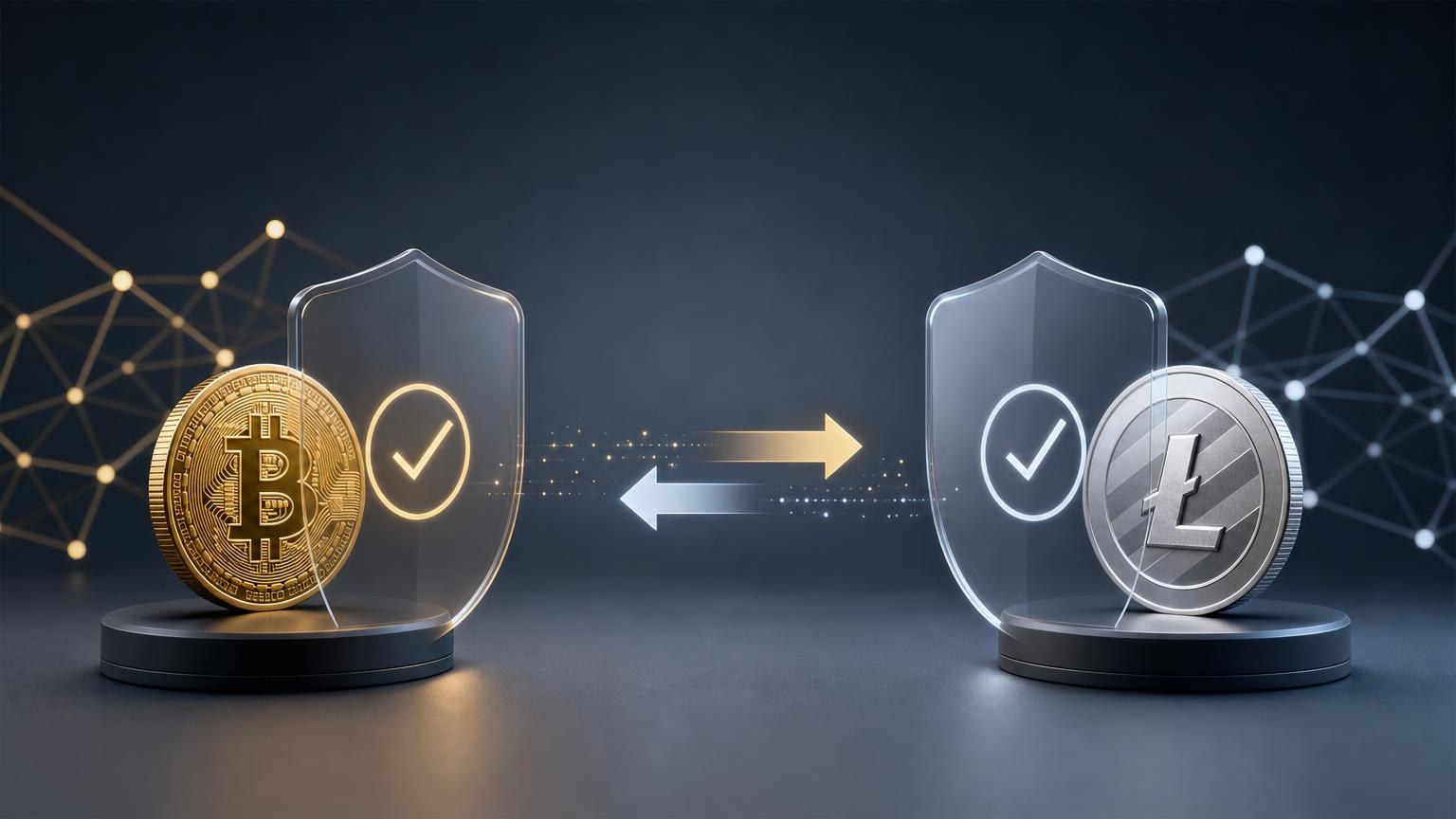 A security checklist for reviewing a BTC-to-LTC exchange order, including addresses, networks, amounts, and transaction records